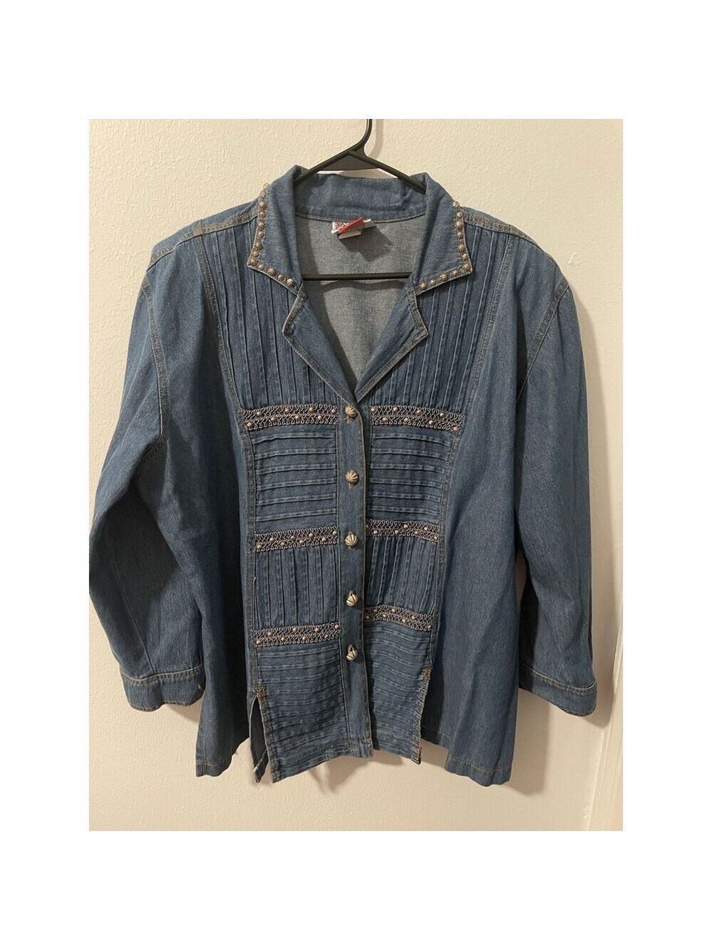Vtg Monique Fashions Denim Tunic Blouse  Metal Beaded Pleated Button Down Sz 2XP